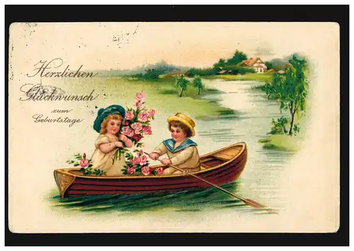 Prägekarte Geburtstag Mädchen und Junge im Ruderboot, DRESDEN-NEUSTADT 28.8.1915