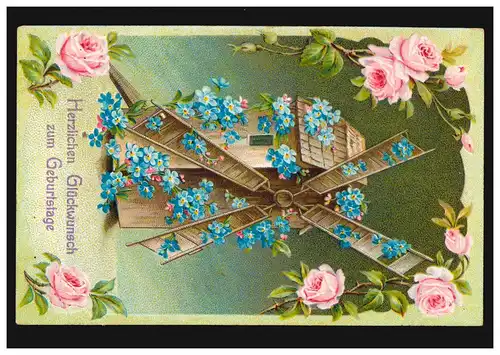 Prägekarte Geburtstag Windmühle mit Blumen, Banhpost REMSCHEID-OPLADEN 31.7.1910
