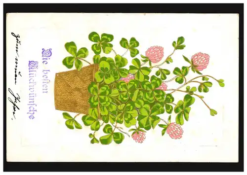 Carte de prédilection Félicitations pot de fleurs avec trèfle chanceux, SANCT TÖNIS 31.12.1908