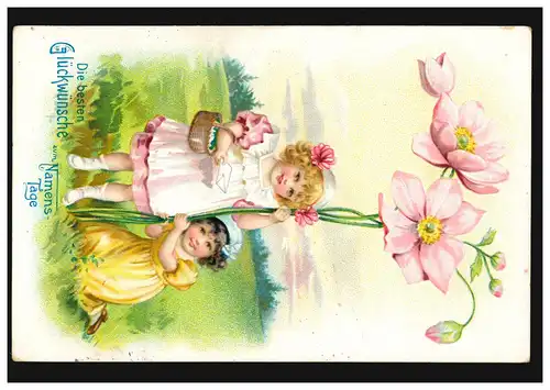 Carte de prénom Deux filles avec fleur géante,CREFELD 16.11.1906