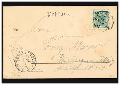 Prägekarte Grüsse Zwei Blumengebinde WIEN 40 - 11.4.1901 nach GEISLINGEN 12.4.01