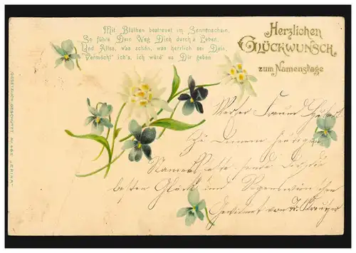 Prägekarte Namenstag Gedicht und Blumen, HEINSBERG 3.11.1900