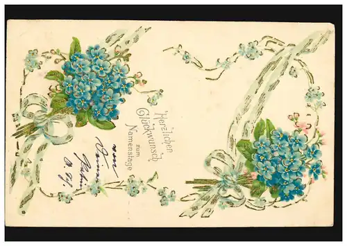 Prägekarte Namenstag - Zwei Blumensträuße Glücksklee, 19.3.1906