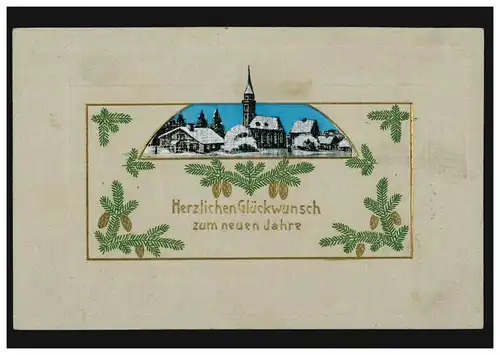 Carte de l'année Village en hiver avec église, DISSEN / HANNOVER 31.12.1908
