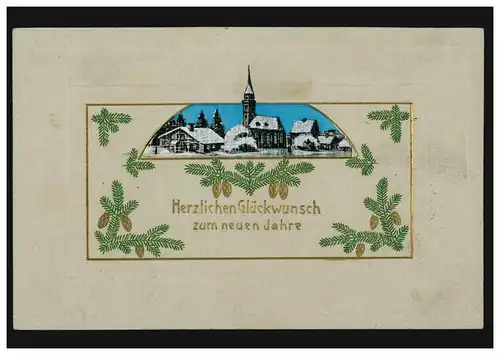 Prägekarte Neujahr Dorf im Winter mit Kirche, DISSEN / HANNOVER 31.12.1908