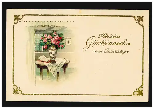Carte d'anniversaire Table avec livre et vase floral avec roses, GERDE 27.2.1917