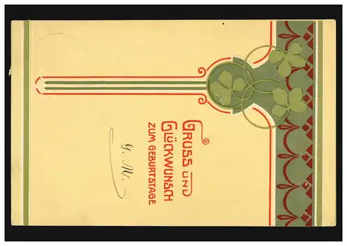 Carte d'anniversaire de l'Anniversation Trèfle chanceux comme colonne, DIÉTRICHSDORF 26.8.1908