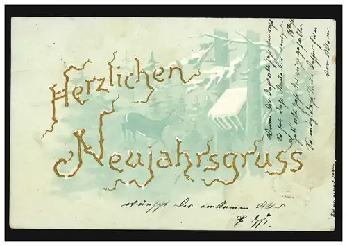 Carte de l'année Nouvel An Forêt d'hiver avec cerf à crèche, 1.1.1902