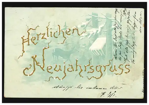 Prägekarte Neujahr Winterwald mit Reh an Futterkrippe, 1.1.1902