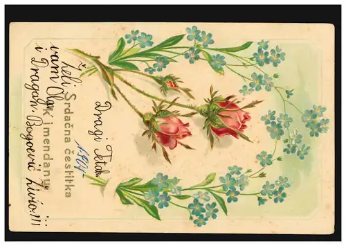 Ungarn Prägekarte Geburtstag Rosen mit Veilchen-Girlande, gelaufen 1915