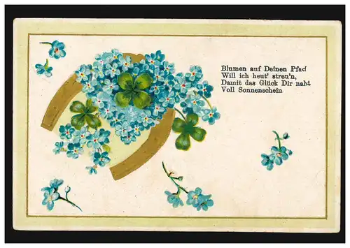 Carte de présentation Félicitations Fer à cheval et trèfle de bonheur avec violette, CESTE 23.6.1910
