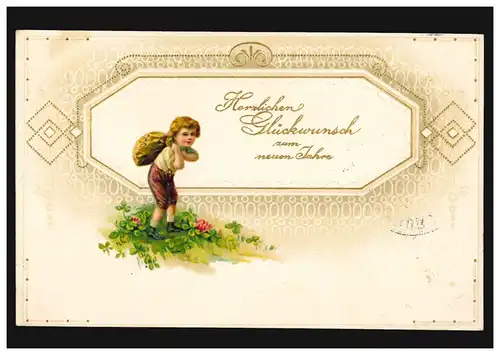 Carte de l'année Nouvel An Jeune avec sac à main, RAVENSBURG 2.1.1915