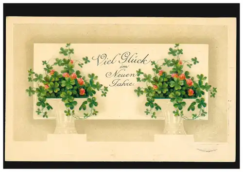 Carte de l'année Nouvel An Deux vases de fleurs avec trèfle chanceux, CASSEL-WILHELSHÖHE 30.12.11