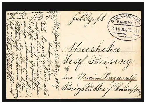 Prägekarte Namenstag Veilchensträuße, per Bahnpost SINGEN-OFFENBURG 15.3.1915