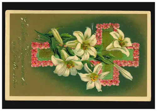 Prägekarte Konfirmation Kreuz mit Blumen, RASTEDE 19.3.1910