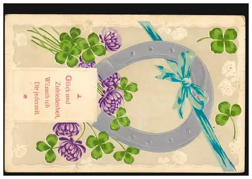 Carte de prédilection Félicitations fers à cheval et trèfle chanceux avec violette, HAUTER 27.7.1915