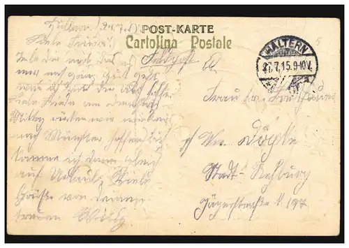 Prägekarte Glückwünsche Hufeisen und Glücksklee mit Veilchen, HALTERN 27.7.1915