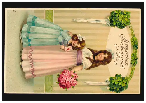 Prägekarte Geburtstag Mutter Tochter mit Brief Blumen, SPRENDLINGEN 4.11.1910
