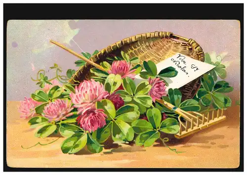 Carte de prénom Nicolas Panier de fleurs et râteaux Harke, MONS 5.12.1907