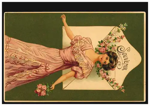 Carte de présentation Félicitations souvenir enveloppe femme avec fleurs, BRUXELLES 1909