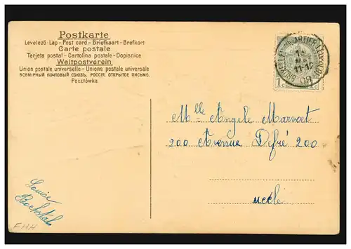 Carte de présentation Félicitations souvenir enveloppe femme avec fleurs, BRUXELLES 1909