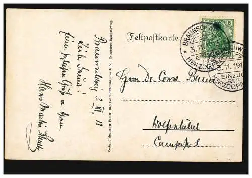 AK Braunschweig Einzug des Herzogpaares, passender SSt BRAUNSCHWEIG 3.11.1913