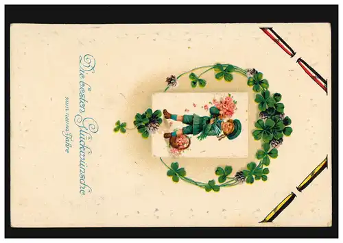 Prägekarte Neujahr Vierblättrige Kleeblätter umrahmen Jungen mit Blumen 23.12.17