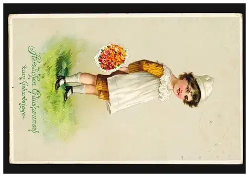 Prägekarte Geburtstag Mädchen mit Mütze und Blumenstrauß, gelaufen um 1910