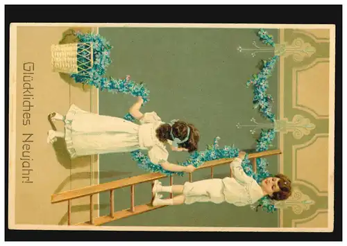 Prägekarte Neujahr Kinder beim Schmücken mit Blumengirlande, HILGEN 31.12.1912