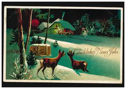 Carte de l'année Nouvel An Vue du village avec des cerfs au lever du soleil STRALSUND 31.12.1915