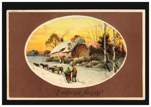 Prägekarte Neujahr Dorfansicht mit Kühen im Winter, MEMINGEN 3.12.1903