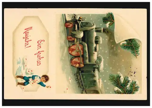 Prägekarte Neujahr Eisenbahn im Winter - Junge mit Briefen, LIEGNITZ 30.12.1913