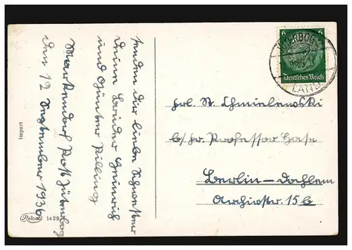 Prägekarte Geburtstag Dorfansicht Blumenstrauß Goldumrandung, JÜTERBOG 12.9.1938