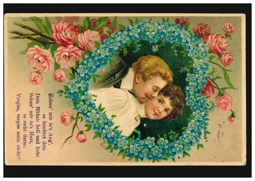 Carte de Précieux couple d'amour dans le cœur de fleurs avec poème, couru 20.8.1907