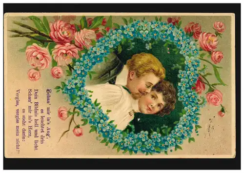Prägekarte Liebespaar im Herz aus Blumen mit Gedicht, gelaufen 20.8.1907