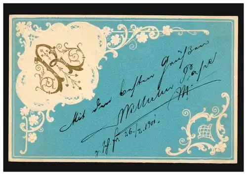 Prägekarte Namenstag Buchstabe R im Blumengirlande, HAMBURG 27.2.1901