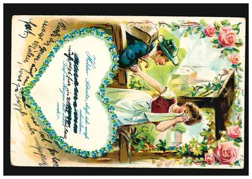 Prägekarte Liebespaar Der Abschied mit Gedicht, URACH 6.2.1909