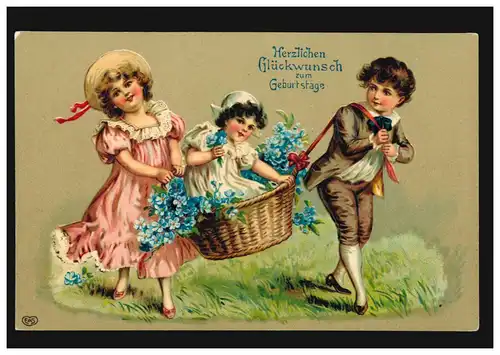 Prägekarte Geburtstag Spielende Kinder mit Blumenkorb, CÖPENICK 13.5.1912