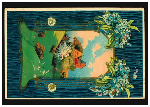 Carte de présentation Bonjour village au printemps Fleures Goldrand, IBURG 15.7.1910