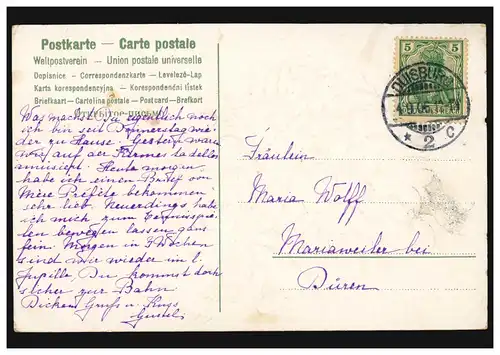 Carte de bord de violette avec poème Joyeux et sérénité ..., DUISBURG 4.9.1906