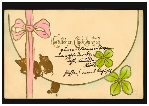 Prägekarte Glückwünsche Vierblättriges Kleeblatt Glücksschweine, DÜREN 26.7.1906