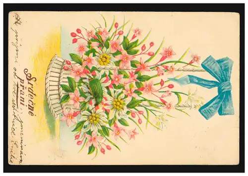 Tschechien Prägekarte Srdecne prani Blumenstrauß, nach LOCHOWITZ 25.7.1906