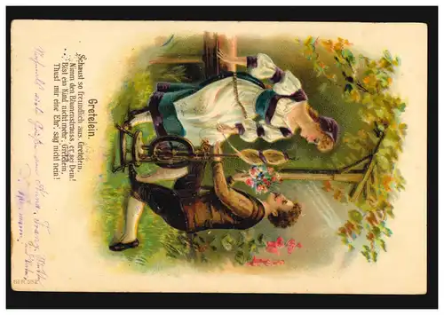 Carte de pré-conduite Couple d'amour Demande de mariage Gretelein avec roue de filage, HYDEKRUG 25.10.1905