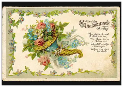 Prägekarte Geburtstag Füllhorn mit Blumen, UNTERMERZBACH 17.1.1917