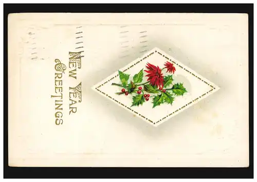 USA Prägekarte New Year Rote Blumen im Rhombus, ST. LOUIS 30.12.1914