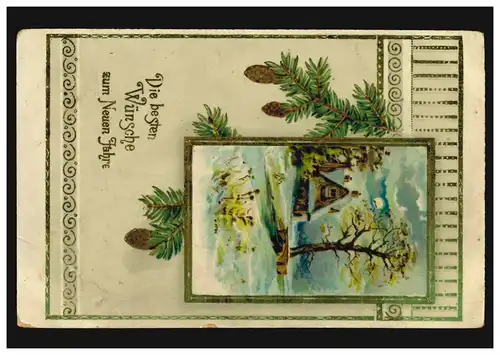 Carte de l'année Village en hiver avec pins de pin, DRESDEN-NOUSTADT 1.1.1916