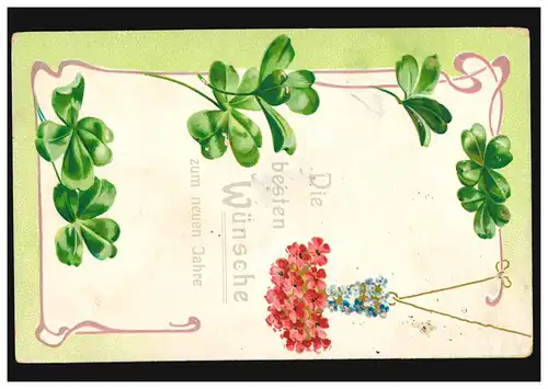 Prägekarte Neujahr Glücksklee-Girlande mit Blumenstrauß, AACHEN 31.12.1906