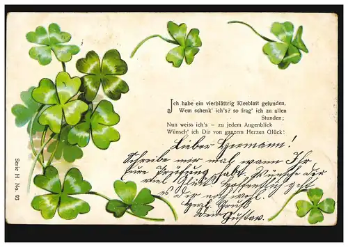 Prägekarte Geburtstag Gedicht Vierblättriges Kleeblatt, SCHLÜCHTERN 14.2.1904