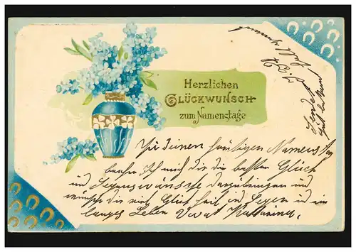 Prägekarte Namenstag Blumenvase mit Hufeisen und Glücksklee, VORST 25.11.1904