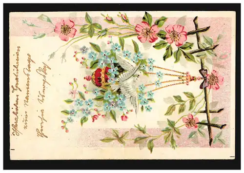 Prägekarte Glückwünsche Zwei weiße Tauben mit Blumenumrandung, um 1910